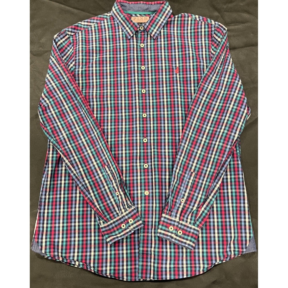 Thomas Pink Dress Shirt Casual Button Up Designer Long Sleeve Plaid Men's Large